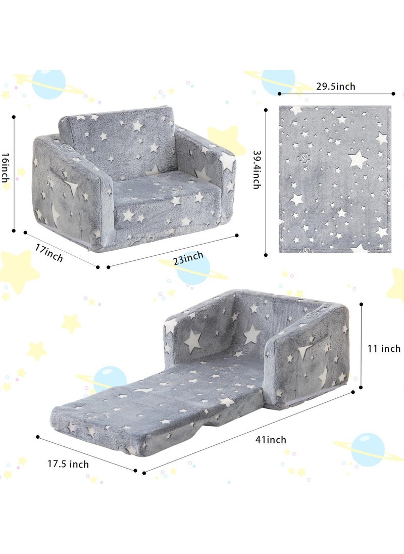 Generic - Glow in The Dark Extra Soft Open Couch 2-in-1 Toddler Soft Couch Fold Out Glow in Dark Convertible Plush Foam Chair Star Glow in The Dark Toddler Couch for Playroom Bedroom - Image 1