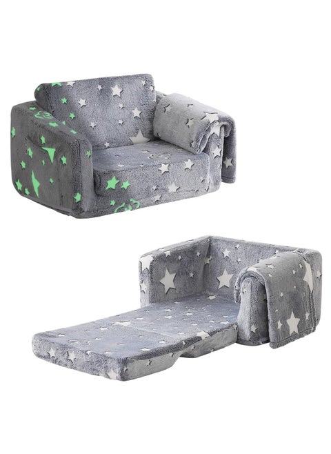 Glow in The Dark Extra Soft Open Couch 2-in-1 Toddler Soft Couch Fold Out Glow in Dark Convertible Plush Foam Chair Star Glow in The Dark Toddler Couch for Playroom Bedroom