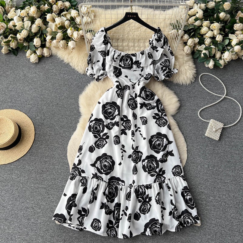 Summer ink painting printing ladies slim-fit mid-length dress womens summer rose waist-tight skirt fashion White 