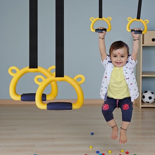TechHark® Kids Gymnastic Rings with 11.5 Ft Adjustable Straps, Yellow Bear Design, Up to 200Kg Capacity, Silicone Grip, Home Fitness Equipment for Children and Teens Training - Image 1