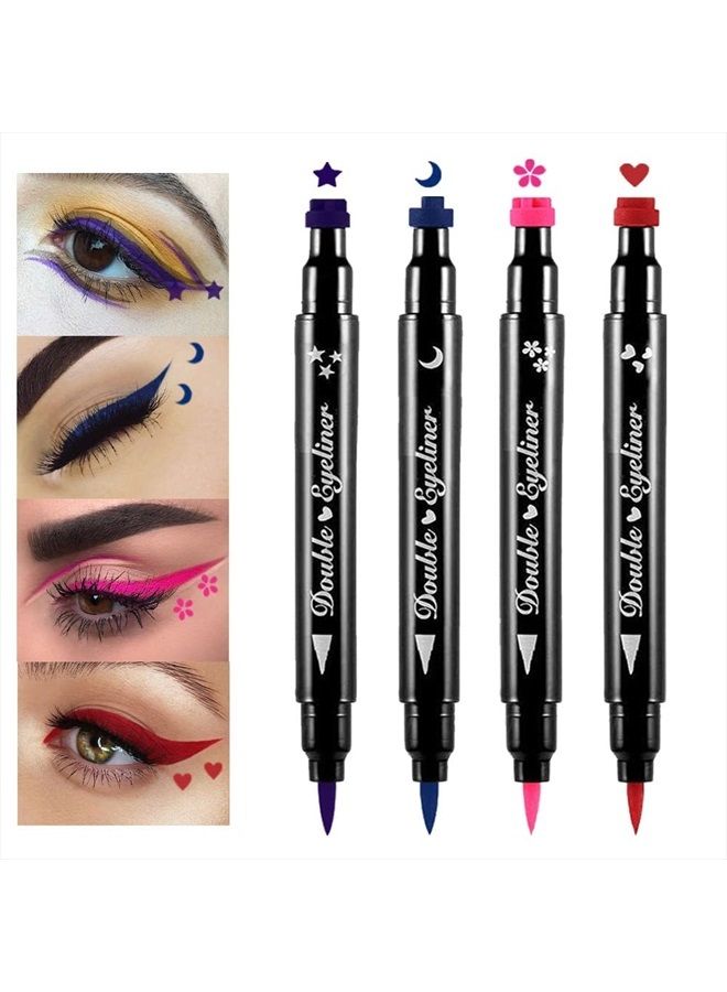 evpct Colored Winged Eyeliners Stamp 4in1 Stars Flowers Hearts Moon Colorful Face Stamps Makeup Eyeliner Eye Stamp Liners Tool Set Kit for Women Purple Blue Red Pink Eyeliner Stamp Wingliner Shapes 02 - Image 1