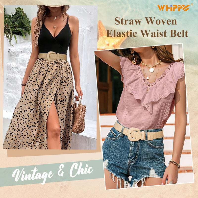 WHIPPY 3 Packs Women Straw Woven Elastic Stretch Waist Belts Fashion Boho Braided Skinny Ladies Dress Belt - Image 2
