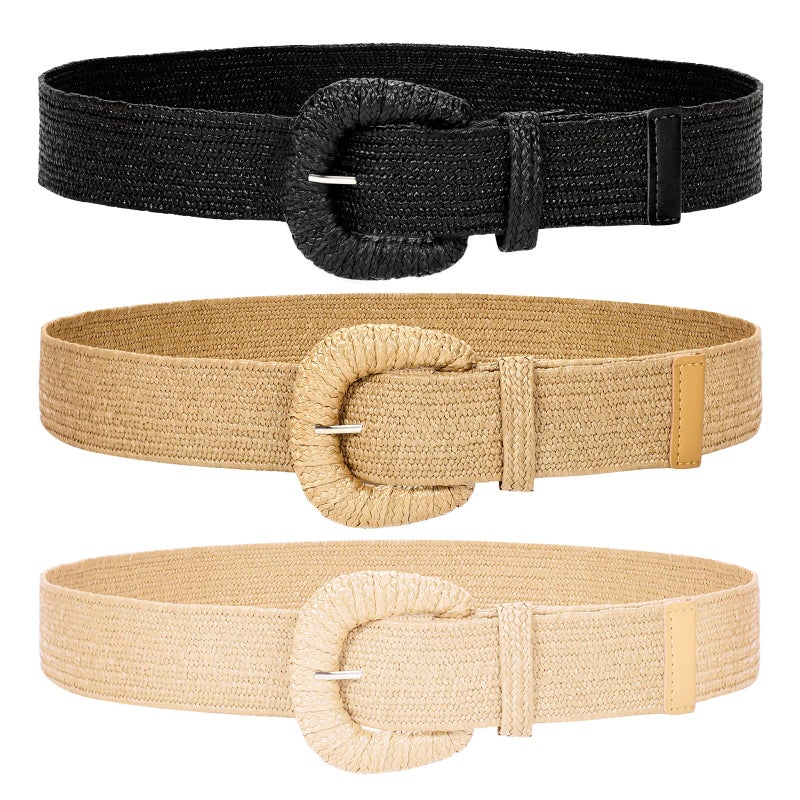 WHIPPY 3 Packs Women Straw Woven Elastic Stretch Waist Belts Fashion Boho Braided Skinny Ladies Dress Belt - Image 1