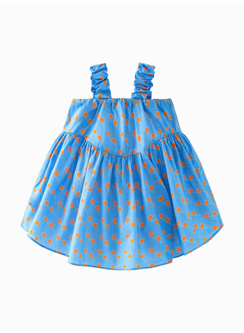 ميني بالا فستان بناتي رائع بدون أكمام بطبعة زهور، مصنوع من قماش ناعم يسمح بمرور الهواء، وأشرطة مكشكشة، وتصميم متأرجح انسيابي، مثالي للرحلات على الشاطئ والنزهات غير الرسمية واحتفالات الصيف، فستان للأطفال - Image 5