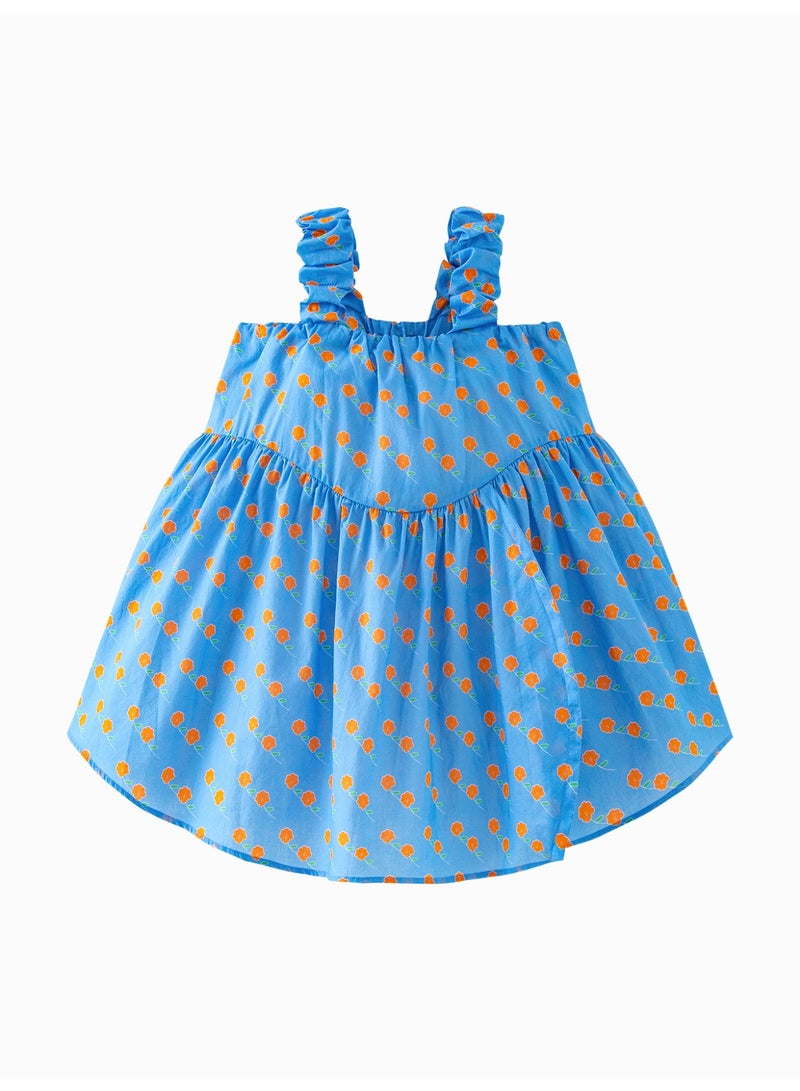 ميني بالا فستان بناتي رائع بدون أكمام بطبعة زهور، مصنوع من قماش ناعم يسمح بمرور الهواء، وأشرطة مكشكشة، وتصميم متأرجح انسيابي، مثالي للرحلات على الشاطئ والنزهات غير الرسمية واحتفالات الصيف، فستان للأطفال - Image 4