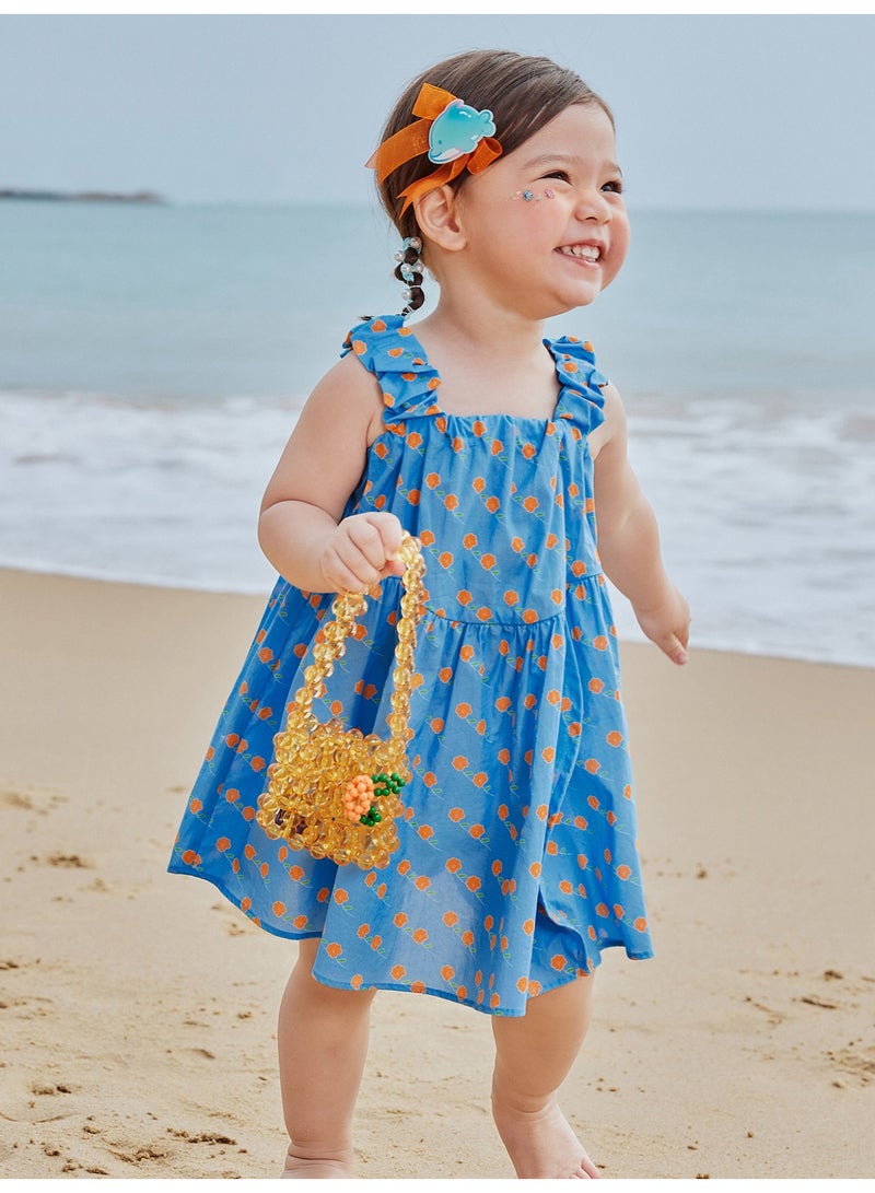 ميني بالا فستان بناتي رائع بدون أكمام بطبعة زهور، مصنوع من قماش ناعم يسمح بمرور الهواء، وأشرطة مكشكشة، وتصميم متأرجح انسيابي، مثالي للرحلات على الشاطئ والنزهات غير الرسمية واحتفالات الصيف، فستان للأطفال - Image 1