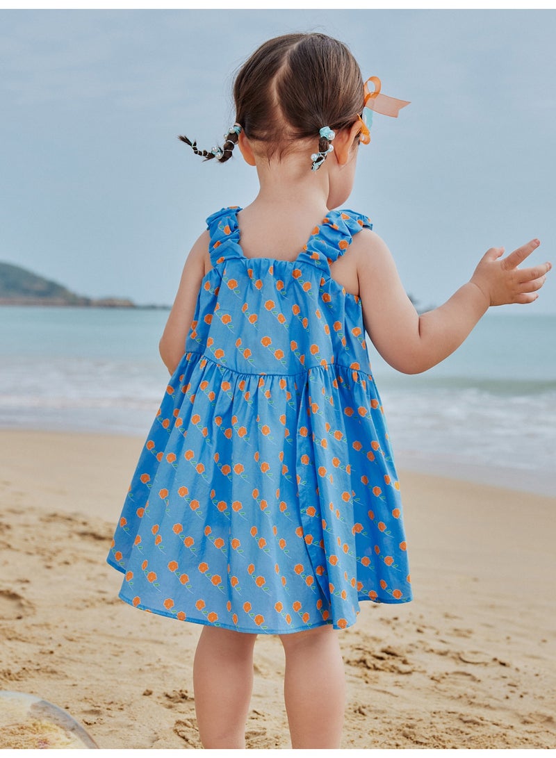 ميني بالا فستان بناتي رائع بدون أكمام بطبعة زهور، مصنوع من قماش ناعم يسمح بمرور الهواء، وأشرطة مكشكشة، وتصميم متأرجح انسيابي، مثالي للرحلات على الشاطئ والنزهات غير الرسمية واحتفالات الصيف، فستان للأطفال - Image 3