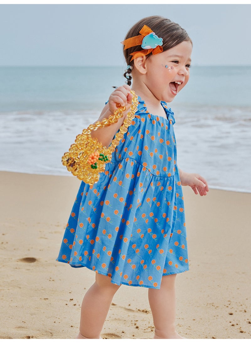 ميني بالا فستان بناتي رائع بدون أكمام بطبعة زهور، مصنوع من قماش ناعم يسمح بمرور الهواء، وأشرطة مكشكشة، وتصميم متأرجح انسيابي، مثالي للرحلات على الشاطئ والنزهات غير الرسمية واحتفالات الصيف، فستان للأطفال - Image 2