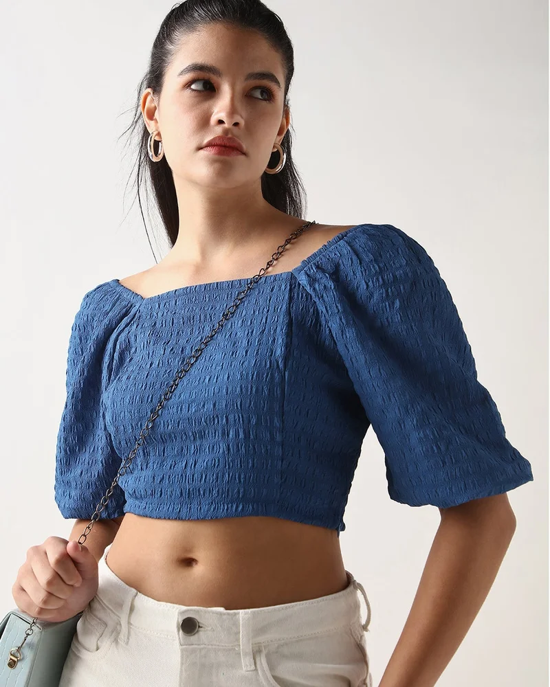 bewakoof Women's Blue Textured Short Top