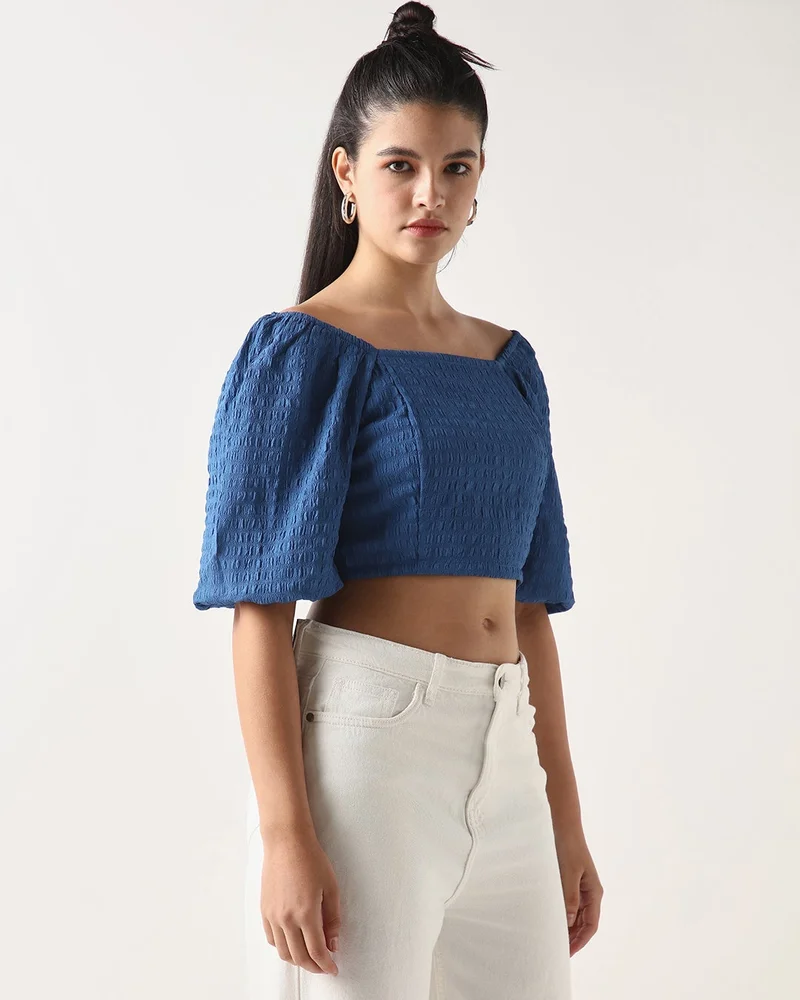 bewakoof Women's Blue Textured Short Top