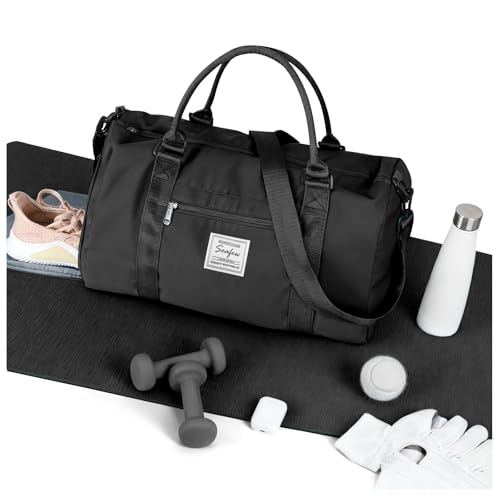 BJLFS Small Black Sports Gym Duffel Bags for Women Men, Travel Totes Bag Cute Weekender bag with Wet Pocket and Shoe Compartment for Carry On, Gym, Dance, Overnight, Sport Pickleball, Tennis, Racketball - Image 1