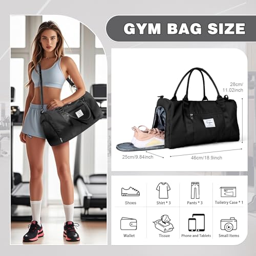 BJLFS Small Black Sports Gym Duffel Bags for Women Men, Travel Totes Bag Cute Weekender bag with Wet Pocket and Shoe Compartment for Carry On, Gym, Dance, Overnight, Sport Pickleball, Tennis, Racketball - Image 4
