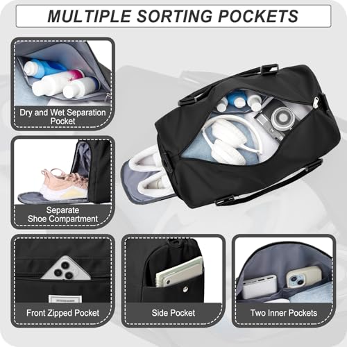 BJLFS Small Black Sports Gym Duffel Bags for Women Men, Travel Totes Bag Cute Weekender bag with Wet Pocket and Shoe Compartment for Carry On, Gym, Dance, Overnight, Sport Pickleball, Tennis, Racketball - Image 5