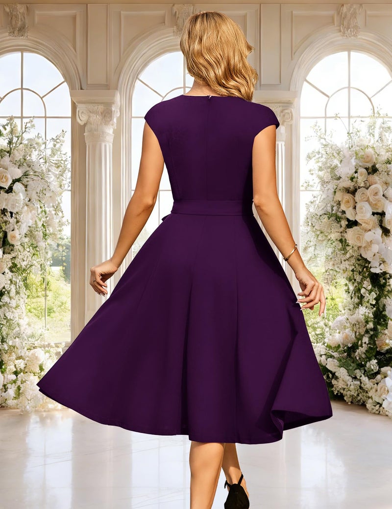 DRESSTELLS Women's Coctail Dresses for Wedding Guest, Formal Modest Easter Tea Party Aline Vintage Knee Length Pin Up Swing Work Dress Grape Purple M - Image 4
