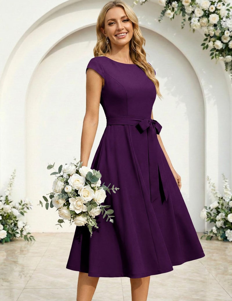 DRESSTELLS Women's Coctail Dresses for Wedding Guest, Formal Modest Easter Tea Party Aline Vintage Knee Length Pin Up Swing Work Dress Grape Purple M - Image 3