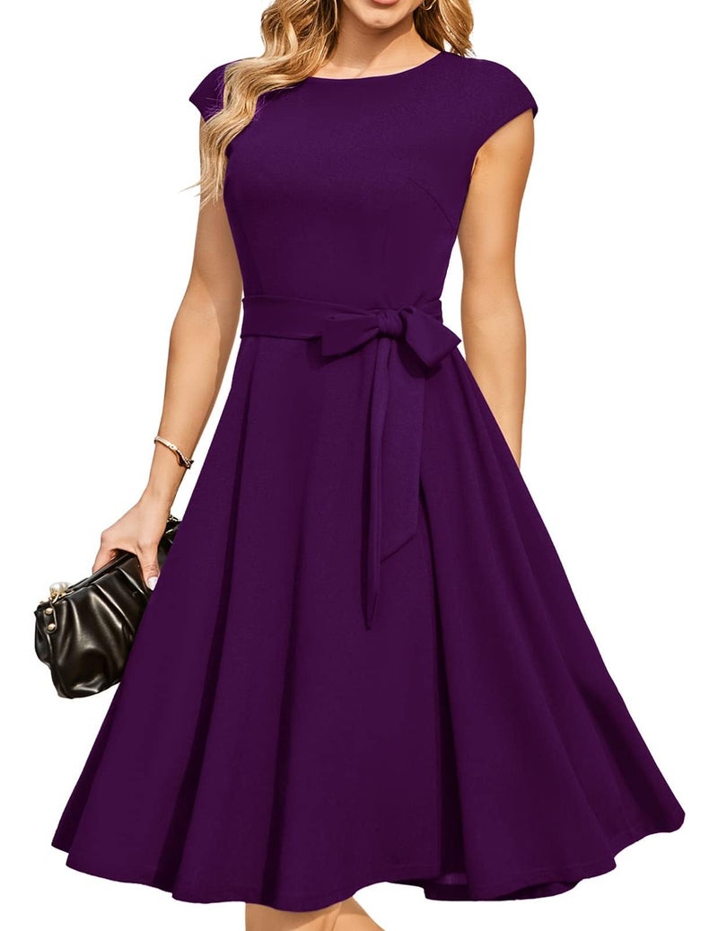 DRESSTELLS Women's Coctail Dresses for Wedding Guest, Formal Modest Easter Tea Party Aline Vintage Knee Length Pin Up Swing Work Dress Grape Purple M - Image 1