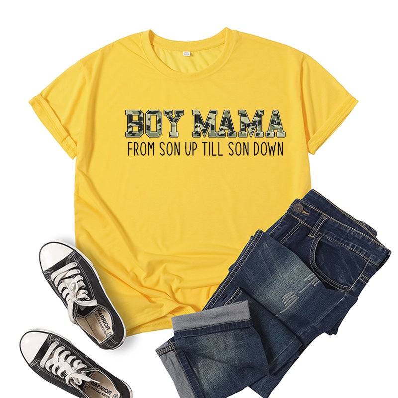Boys mother Boy Mama printed short sleeve T-shirt European and American mens and womens jacket summer loose wholesale foreign trade cross-border Yellow