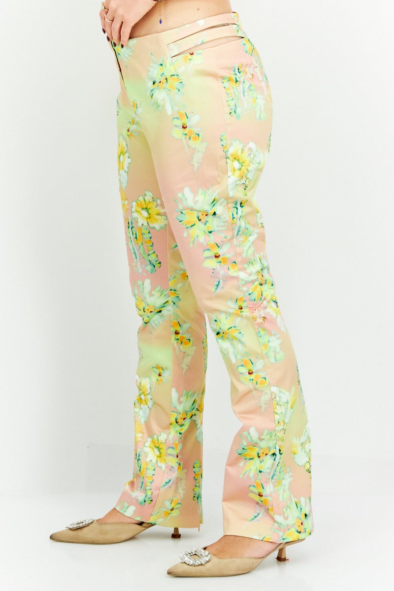 Weekday Women Regular Fit Floral Print Straight Leg Pants, Yellow - Image 4