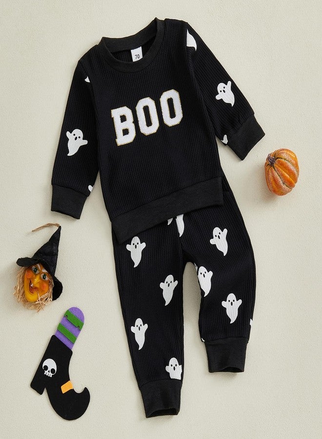 wybzd Toddler Boy Girl Halloween Outfit Embroidery Boo Crewneck Sweatshirt Ghost Pants Set Baby Fall Winter oversize Clothes (Black BOO, 0-6 Months) - Image 4