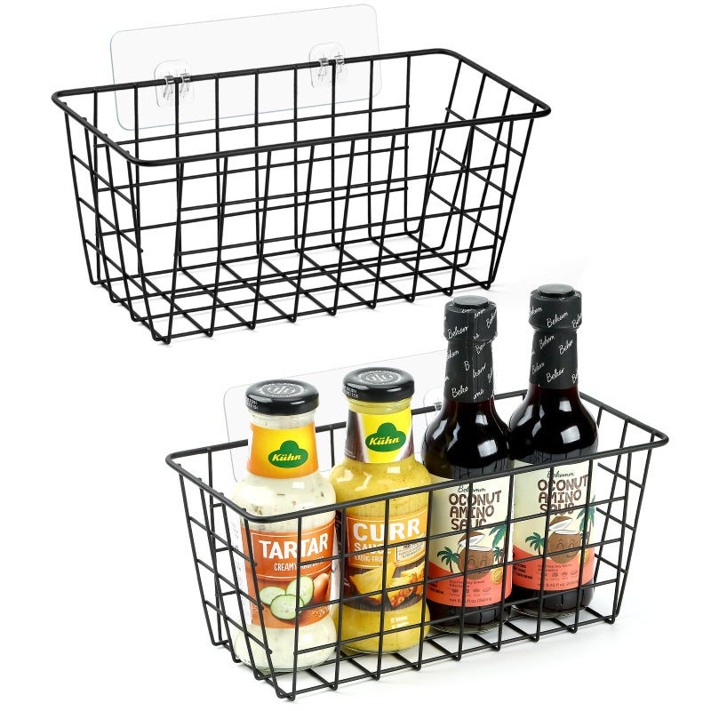 ZUSHALLMY 2 Pack Hanging Kitchen Baskets, Adhesive Wire Wall Storage Basket, No Drilling Hanging Fruit Baskets, Cabinet Door Organizer for Kitchen Bathroom Pantry, Upgrade Super-sized Adhesive - Image 1
