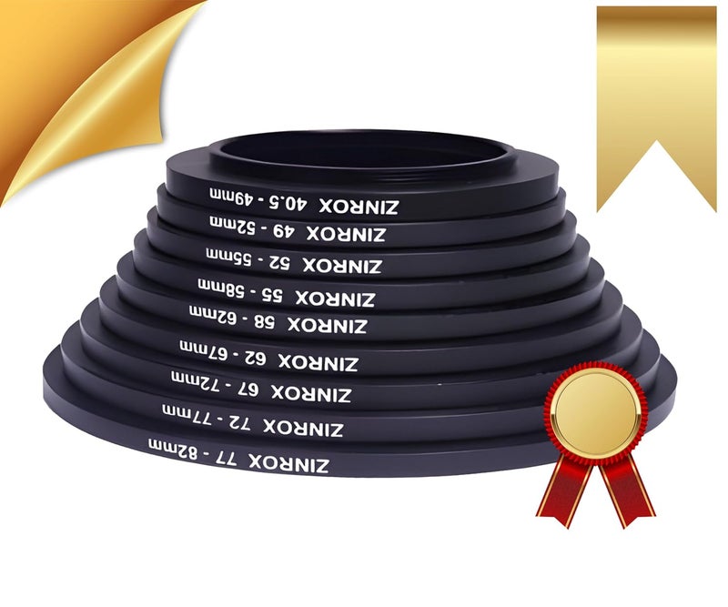 ZINROX 40.5mm to 82mm Stepping Up Lens Filter Adapter Rings, 9 Pieces Set, Sizes: 40.5-49mm, 49-52mm, 52-55mm, 55-58mm, 58-62mm, 62-67mm, 67-72mm, 72-77mm, and 77-82mm Step Up Ring - Image 3