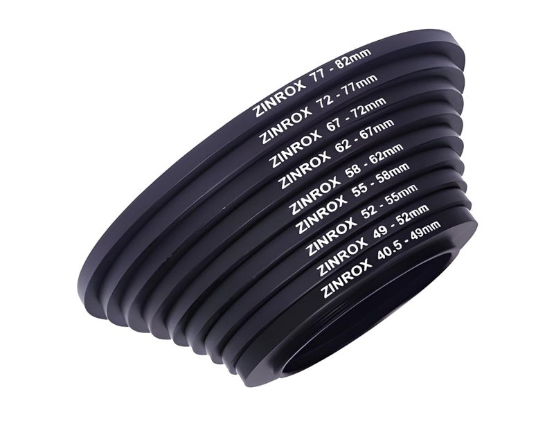ZINROX 40.5mm to 82mm Stepping Up Lens Filter Adapter Rings, 9 Pieces Set, Sizes: 40.5-49mm, 49-52mm, 52-55mm, 55-58mm, 58-62mm, 62-67mm, 67-72mm, 72-77mm, and 77-82mm Step Up Ring - Image 1