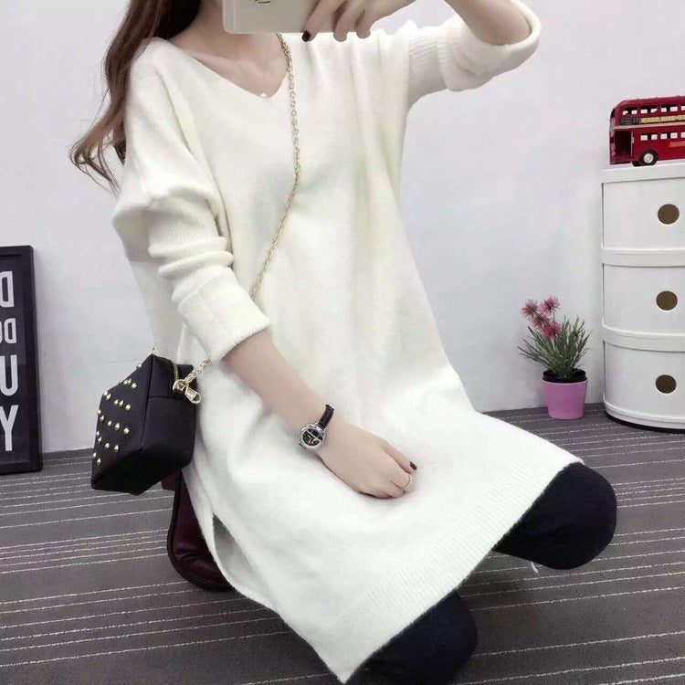 Autumn and Winter Clothes Batman Sleeve Midi Pullover Split Loose Solid Color Sweater Womens Knitwear Sweater Skirt Womens Skirt Black - Image 2