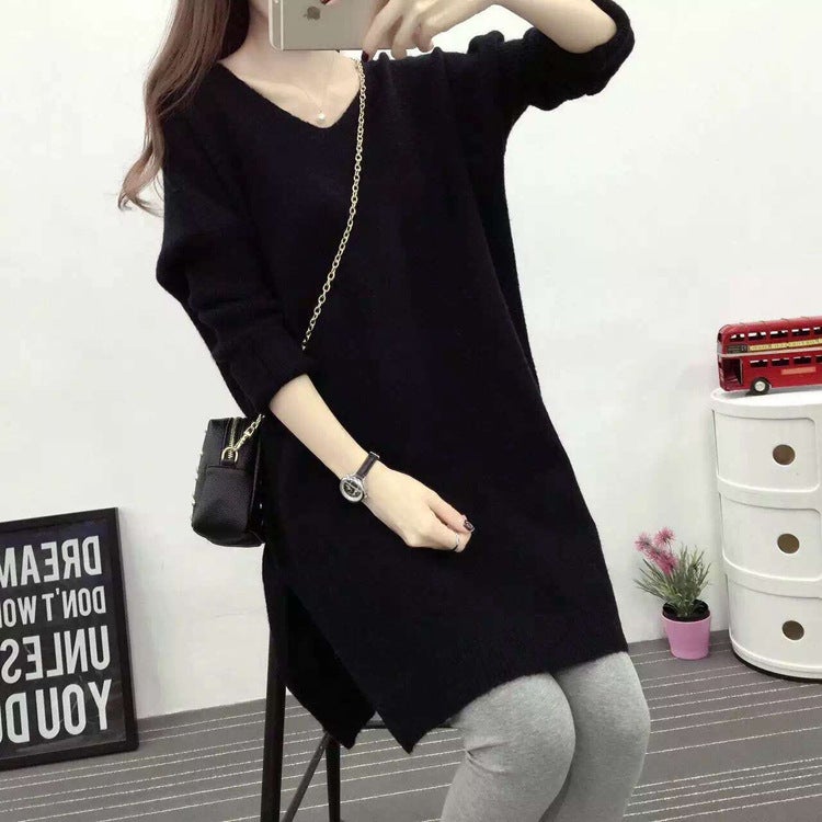 Autumn and Winter Clothes Batman Sleeve Midi Pullover Split Loose Solid Color Sweater Womens Knitwear Sweater Skirt Womens Skirt Black - Image 1