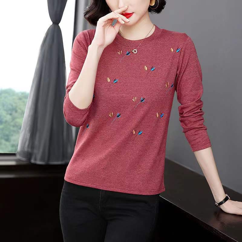 T-Shirt Mother'S Wear Creative Printed Round Neck Long-Sleeved Bottoming Shirt Spring & Fall Korean Style Belly-Covering Age-Reducing Large Size Slimming Look Top - Image 3