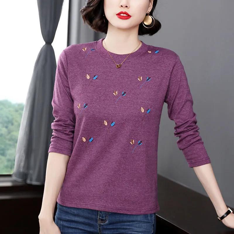 T-Shirt Mother'S Wear Creative Printed Round Neck Long-Sleeved Bottoming Shirt Spring & Fall Korean Style Belly-Covering Age-Reducing Large Size Slimming Look Top - Image 2