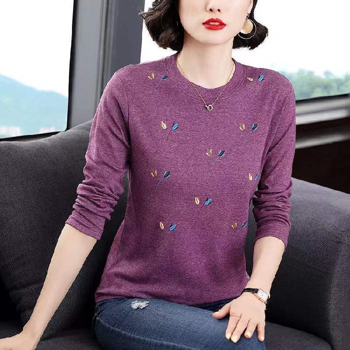 T-Shirt Mother'S Wear Creative Printed Round Neck Long-Sleeved Bottoming Shirt Spring & Fall Korean Style Belly-Covering Age-Reducing Large Size Slimming Look Top - Image 1