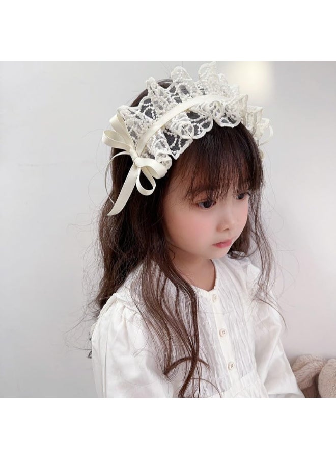 PLwelth White Flower Lace Headband Bow Wide Hairband for Kids Girls Vintage Floral Embroidered Head Bands Thick Headbands with Teeth Elegant Hair Accessories for Cosplay Tea Party Princess Wedding - Image 1