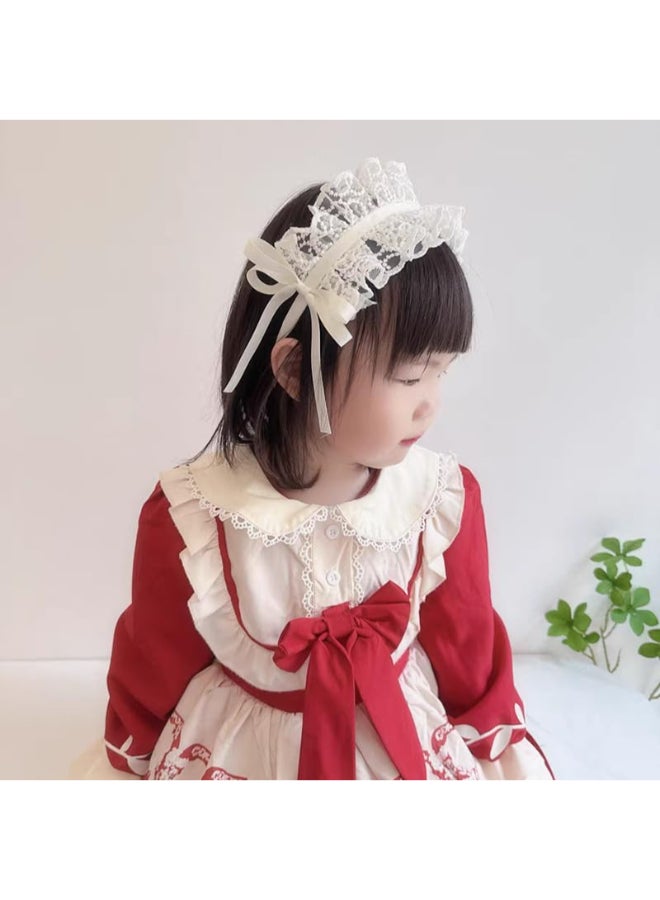 PLwelth White Flower Lace Headband Bow Wide Hairband for Kids Girls Vintage Floral Embroidered Head Bands Thick Headbands with Teeth Elegant Hair Accessories for Cosplay Tea Party Princess Wedding - Image 2