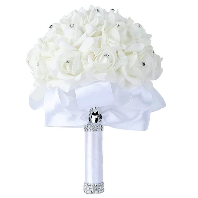 WEDDING BRIDE BOUQUET HOLDING FLOWERS CRYSTAL DIAMOND FOAM ROSES HOLDING FLOWERS WITH BEAUTIFUL RIBBON BRIDAL BRIDESMAID WEDDING BOUQUET ARTIFICIAL SILK FLOWERS HAND HOLDING WHITE