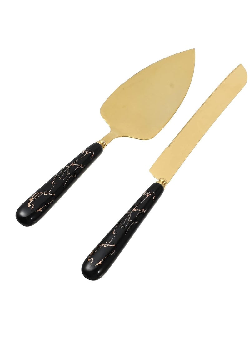 مجموعة من قطعتين سكين وطبق تقديم لكعكة الزفاف على شكل رخامي سكين زبدة، مجرفة بيتزا، مجرفة كيك، اكسسوارات منزلية، ملحقات أدوات المائدة المطبخ، أدوات تقديم الطعام (أسود) - Image 1