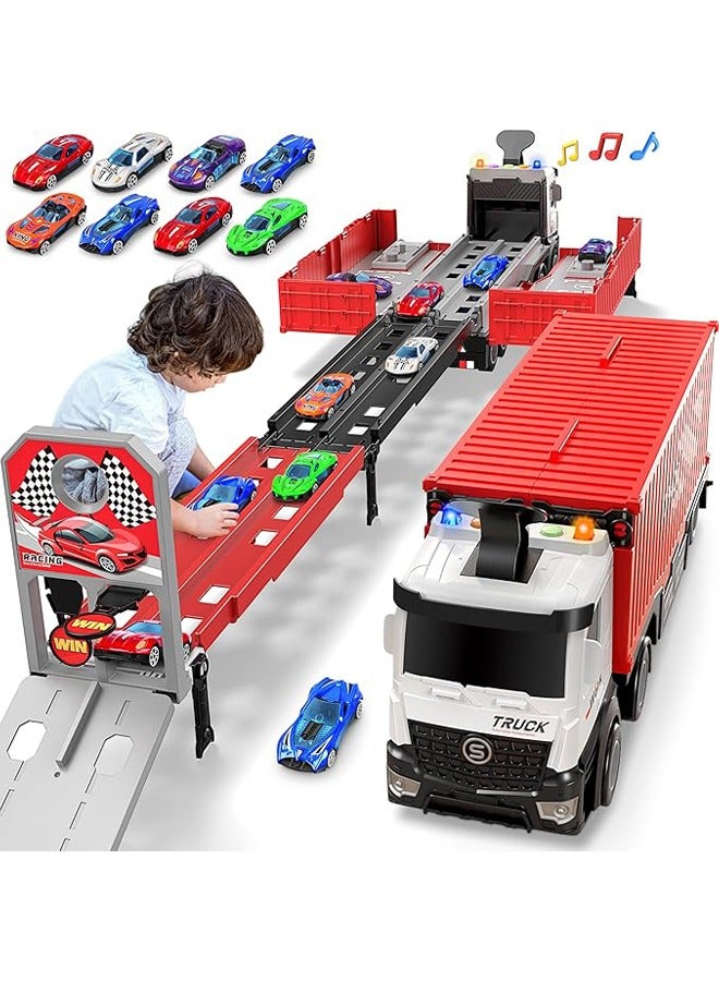 Race Car Track Toy Truck Toy with Slots & Foldable Race Tracks Transport Car Carrier Toy for Toddlers Cars Toy Set Container Truck Toy with 8 Alloy Cars Vehicles Toy Set for 3+ Kids Boys Girls - Image 1