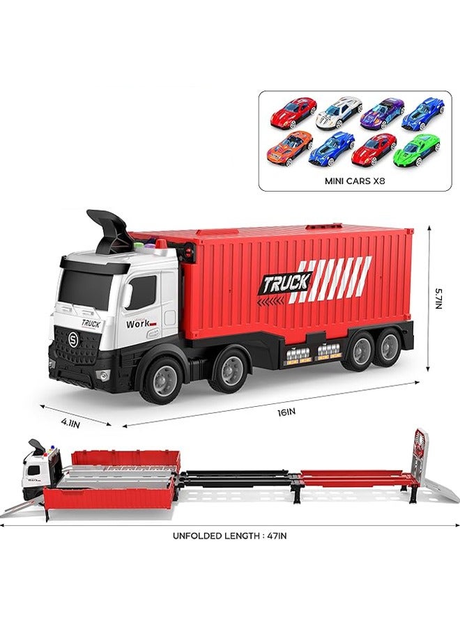 Race Car Track Toy Truck Toy with Slots & Foldable Race Tracks Transport Car Carrier Toy for Toddlers Cars Toy Set Container Truck Toy with 8 Alloy Cars Vehicles Toy Set for 3+ Kids Boys Girls - Image 4