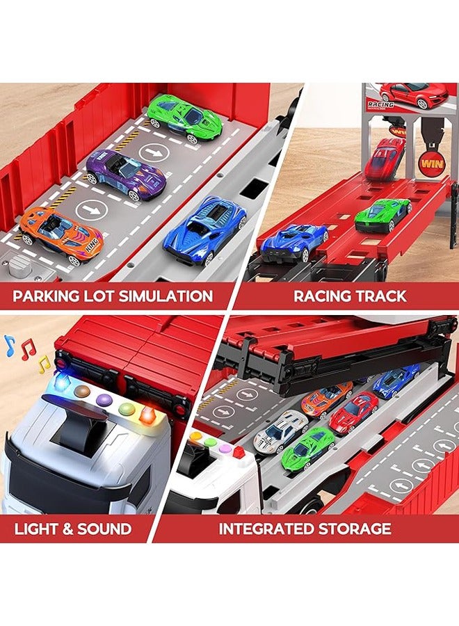 Race Car Track Toy Truck Toy with Slots & Foldable Race Tracks Transport Car Carrier Toy for Toddlers Cars Toy Set Container Truck Toy with 8 Alloy Cars Vehicles Toy Set for 3+ Kids Boys Girls - Image 5