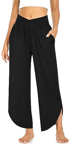 TARSE Womens Wide Leg Yoga Pants Cross High Waisted Capris Plus Size Casual Flowy Lounge Joggers Loose Pajamas Flared Sweatpants with Pockets (Black,XXL) - Image 1