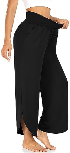TARSE Womens Wide Leg Yoga Pants Cross High Waisted Capris Plus Size Casual Flowy Lounge Joggers Loose Pajamas Flared Sweatpants with Pockets (Black,XXL) - Image 2