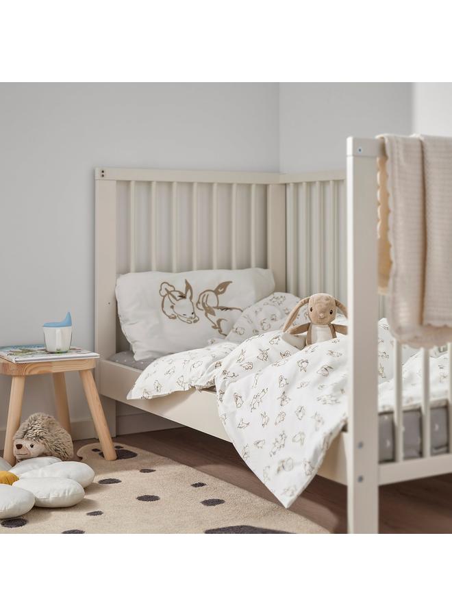 erorex Duvet cover 1 pillowcase for cot, rabbit pattern/white/beige, 110x125/35x55 cm - Image 2