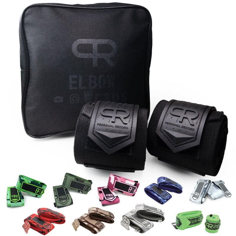 PR Personal Record Elbow Wraps for Weightlifting - Heavy Duty Construction, 25% More Elasticity, Reinforced Stitching, Extra Wide Fastener, Easy to Adjust, All Black - Image 1