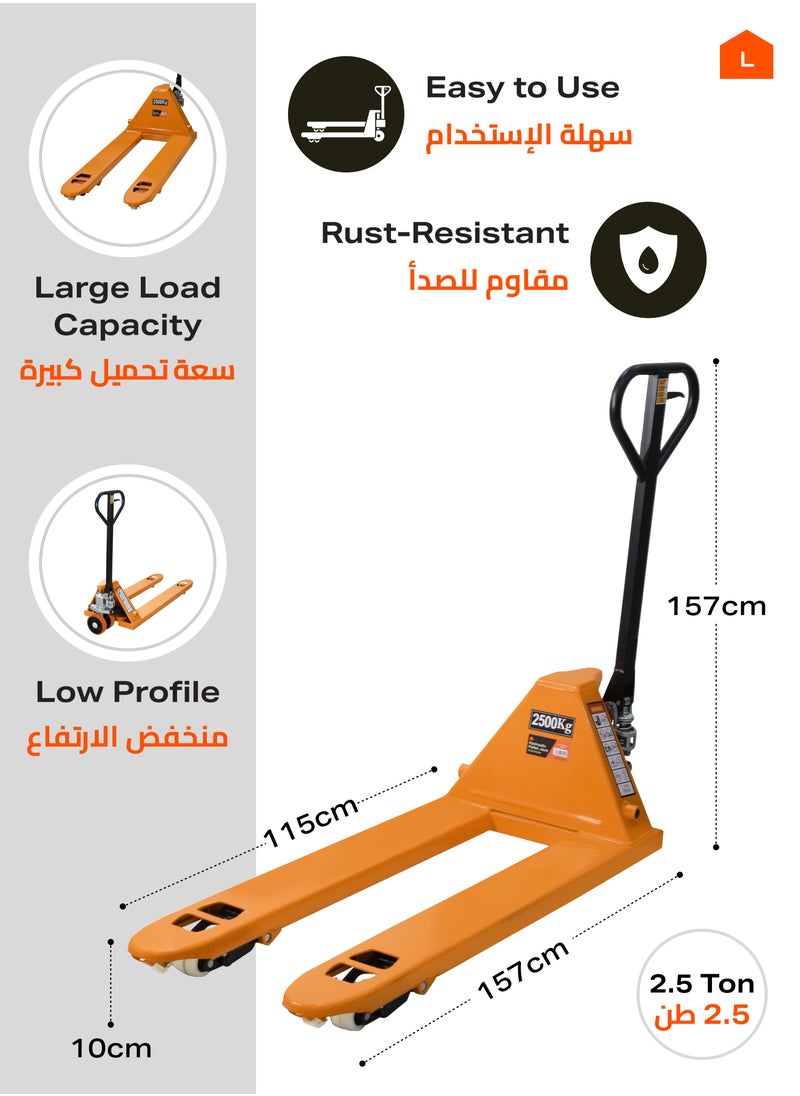 Hydraulic Pallet Jack with Red Wheels-2.5T-Heavy Duty Pallet Truck with PU Wheels-Industrial Manual Jack for Smooth Rolling and Efficient Pallet Handling in Warehouses and Distribution Centers