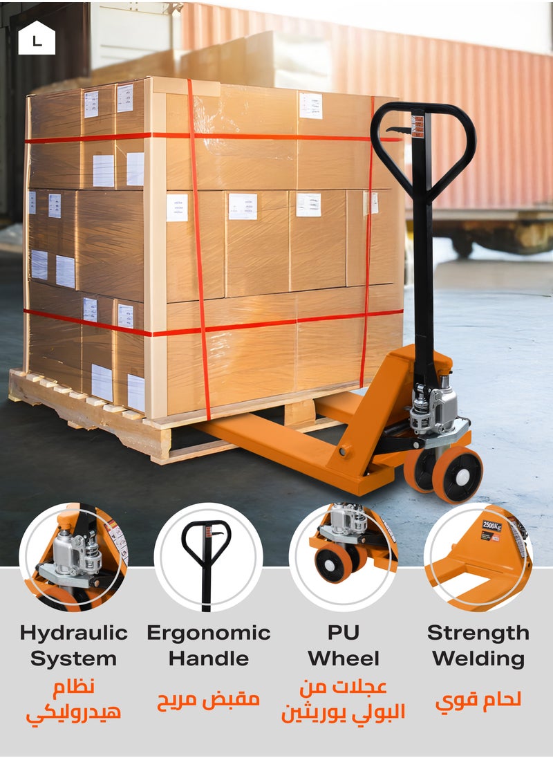 Hydraulic Pallet Jack with Red Wheels-2.5T-Heavy Duty Pallet Truck with PU Wheels-Industrial Manual Jack for Smooth Rolling and Efficient Pallet Handling in Warehouses and Distribution Centers