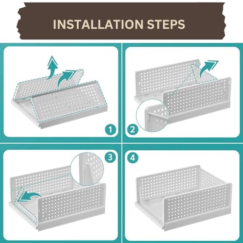 Aliensware 3Pcs Large Size Clothes Storage Rack, Cloth Organizer for Cupboard, Wardrobe, Stackable & Foldable Basket Closet Organiser Drawer for Almirah, Living Room, Kitchen, Office-Aliens-White - Image 4
