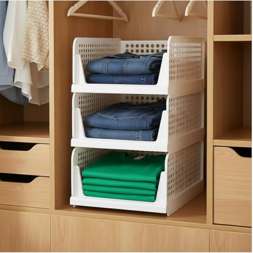 Aliensware 3Pcs Large Size Clothes Storage Rack, Cloth Organizer for Cupboard, Wardrobe, Stackable & Foldable Basket Closet Organiser Drawer for Almirah, Living Room, Kitchen, Office-Aliens-White - Image 1