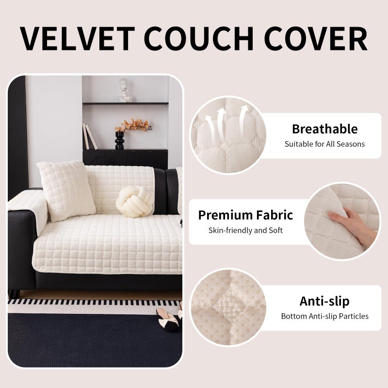 MDSASFD Velvet Couch Cover, Washable Sectional Sofa Cover, Anti Slip Sofa Slipcovers for 3 Cushion Couch Sofa L Shaped Recliner, Furniture Protector Covers for Pets Kids(White, Only 1 PCS) - Image 2
