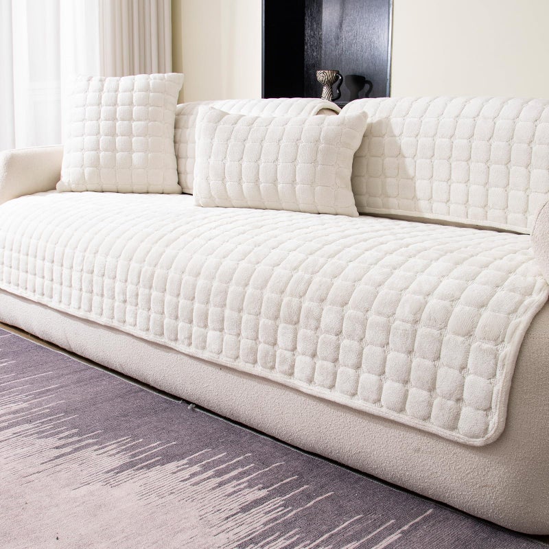 MDSASFD Velvet Couch Cover, Washable Sectional Sofa Cover, Anti Slip Sofa Slipcovers for 3 Cushion Couch Sofa L Shaped Recliner, Furniture Protector Covers for Pets Kids(White, Only 1 PCS) - Image 1