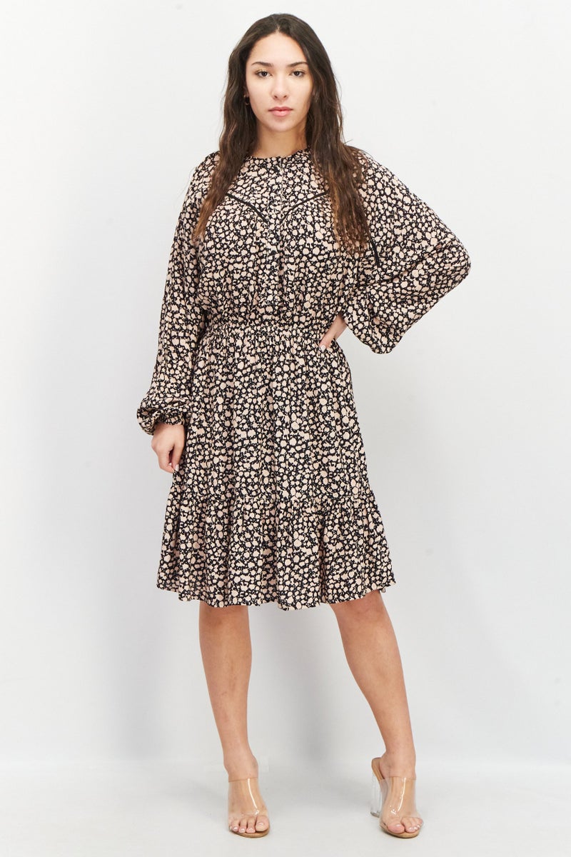 EDC Women High Neck Long Sleeve Allover Print Midi Dress, Black - Image 1
