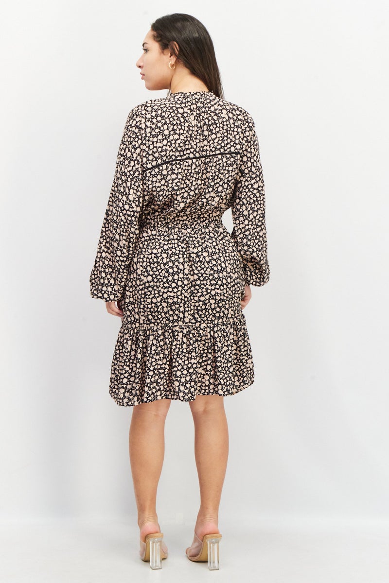 EDC Women High Neck Long Sleeve Allover Print Midi Dress, Black - Image 2